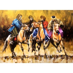 Momin Khan, 36 x 48 Inch, Acrylic on Canvas, Buzkashi Painting, AC-MK-138